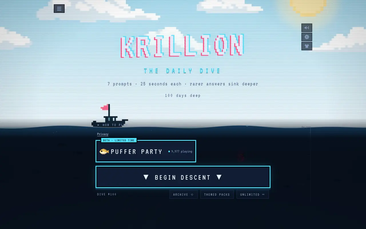 The krillion.io home page with the Begin Descent button for the daily dive and links to Archive, Themed Packs and Unlimited.