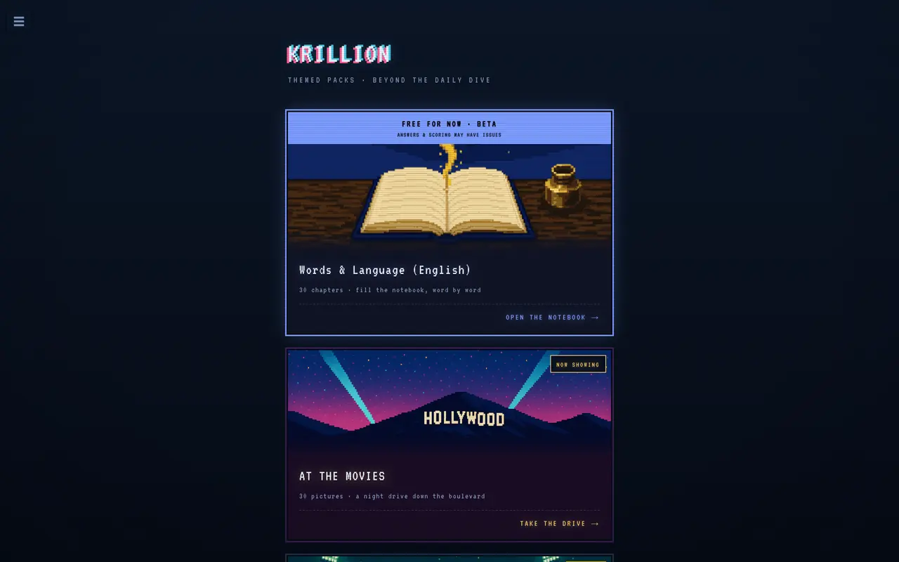The official Krillion themed packs page showing a Words and Language pack marked free during beta and an At the Movies pack with Hollywood artwork.