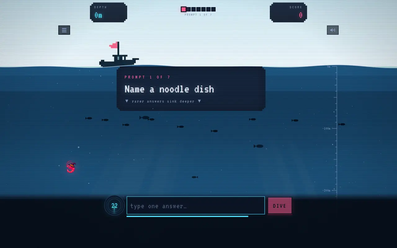 The official Krillion Unlimited mode showing prompt 1 of 7, “Name a noodle dish”, with a 22-second timer and an answer box.